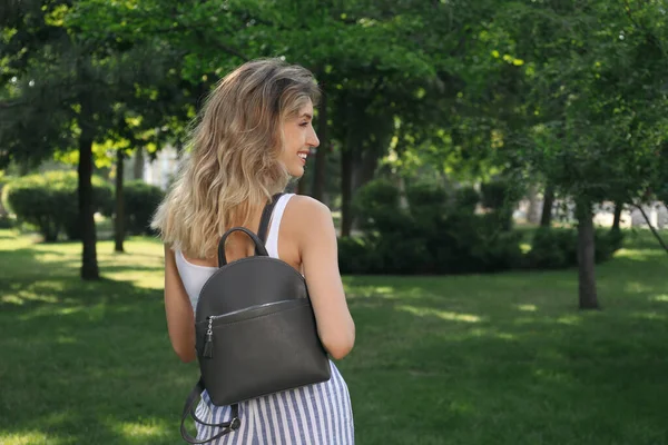 Young Woman Stylish Backpack Park Back View — 스톡 사진