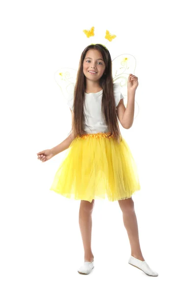Cute Little Girl Stroju Bajki Żółtymi Skrzydłami Białym Tle — Zdjęcie stockowe