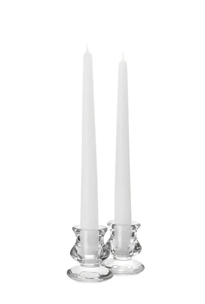 Κομψά Κηροπήγια Κεριά Λευκό Φόντο — Φωτογραφία Αρχείου