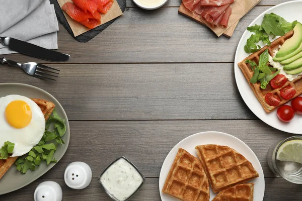 Breakfast Fresh Belgian Waffles Different Toppings Wooden Table Flat Lay — 스톡 사진