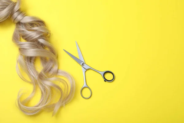 Tijeras Peluquería Profesional Hebras Cabello Espacio Para Texto Sobre Fondo — Foto de Stock