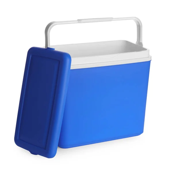 Caixa Fria Plástico Azul Aberto Isolado Branco — Fotografia de Stock