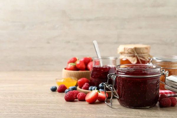 Jars Different Jams Fresh Fruits Wooden Table Space Text — Stock Photo, Image