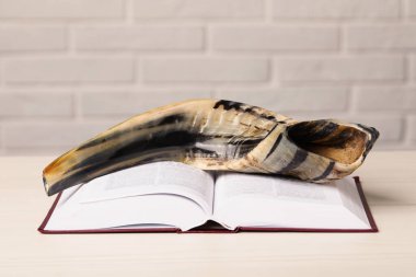 Shofar ve beyaz ahşap masanın üzerindeki Tevrat kitabını aç. Rosh Hashanah 'ın tatil özellikleri
