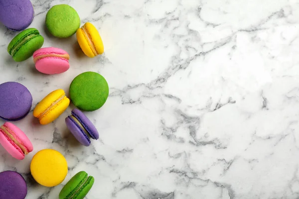 Delicious Colorful Macarons White Marble Table Flat Lay Space Text — Stock Photo, Image