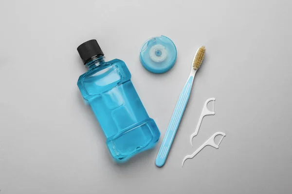 Mouthwash Toothbrush Dental Floss Light Grey Background Flat Lay — 스톡 사진