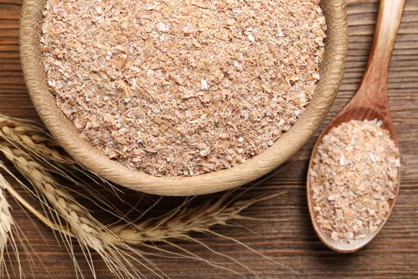 Spoon Bowl Wheat Bran Wooden Table Flat Lay — Foto Stock