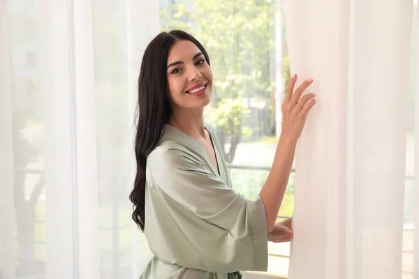 Pretty Young Woman Beautiful Silk Robe Window Home — Foto de Stock