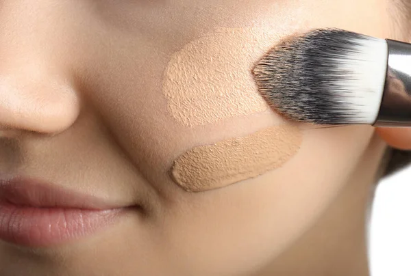 Girl Applying Foundation Concealer Brush White Background Closeup Face Contouring — 스톡 사진
