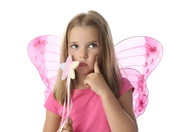 Petite Fille Mignonne Costume Fée Avec Des Ailes Roses Baguette — Photo