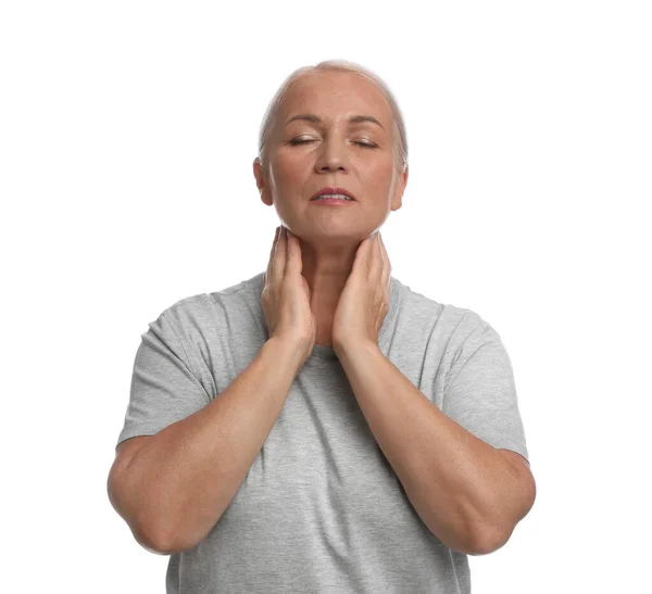 Mature Woman Doing Thyroid Self Examination White Background — Stock Photo, Image