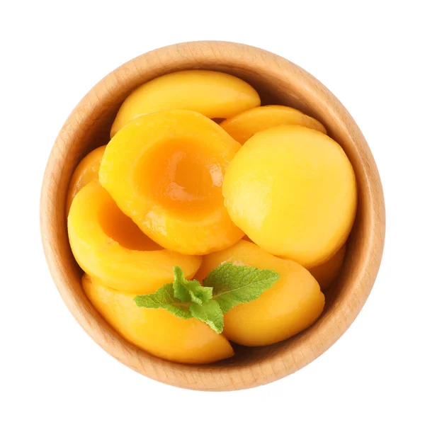 Pfirsichhälften Dosen Mit Minzblättern Isoliert Auf Weißem Grund Von Oben — Stockfoto