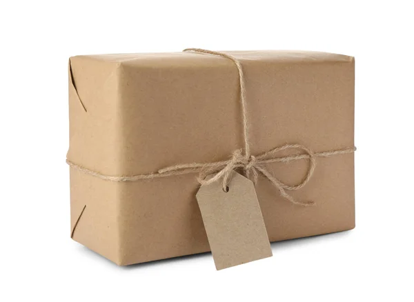 Parcel Wrapped Kraft Paper Tag White Background — Stock Photo, Image