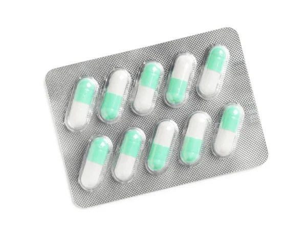 Blister Com Pílulas Brilhantes Isoladas Branco Vista Superior — Fotografia de Stock