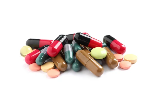 Pile Különböző Színes Tabletták Fehér Háttér — Stock Fotó