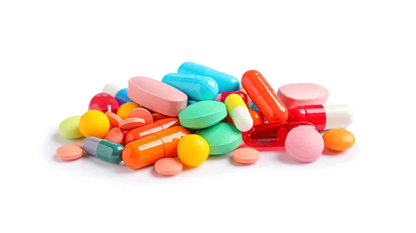 Hromada Různých Barevných Pilulek Bílém Pozadí — Stock fotografie