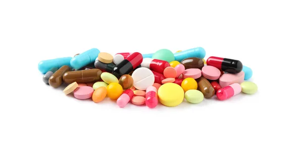 Mucchio Diverse Pillole Colorate Isolate Sul Bianco — Foto Stock