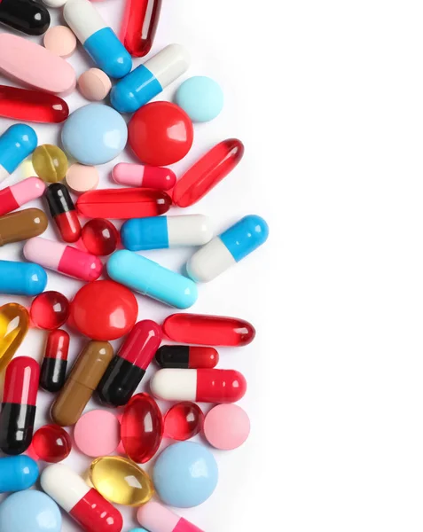 Много Различных Красочных Таблеток Изолированы Белом Вид Сверху — стоковое фото