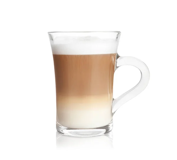 Caffè Caldo Con Latte Tazza Vetro Isolato Bianco — Foto Stock
