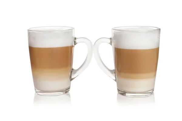 Ζεστός Καφές Γάλα Γυάλινα Φλιτζάνια Που Απομονώνονται Λευκό — Φωτογραφία Αρχείου