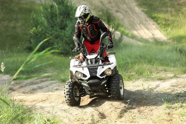 Man Driving Modern Quad Bike Sandy Road Extreme Sport — Stock Photo, Image