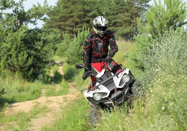森の近くの砂の道で現代のクワッドバイクを運転する男 極端なスポーツ — ストック写真