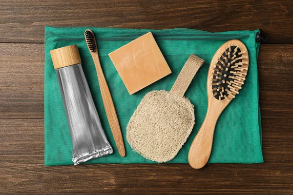 Flat Lay Composition Eco Friendly Products Wooden Background Conscious Consumption — Stock Photo, Image