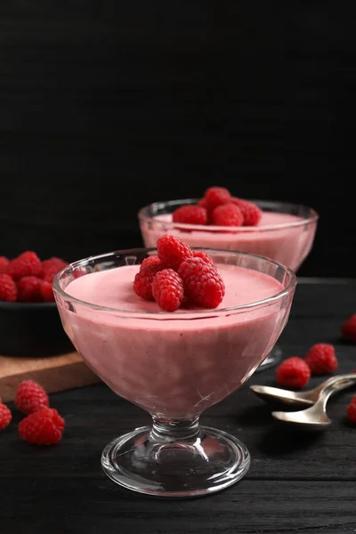 Delicious Raspberry Mousse Black Wooden Table — Stock Photo, Image