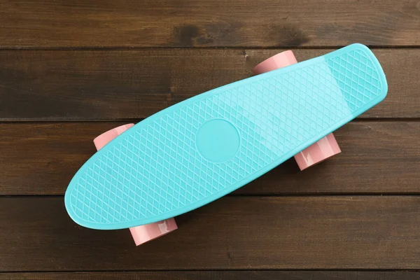 Turquoise Skateboard Wooden Background Top View Sport Equipment — Stock Photo, Image