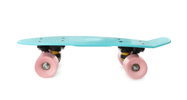 Бирюзовый Скейтборд Розовыми Колесами Изолированными Белом Спортивное Оборудование — стоковое фото