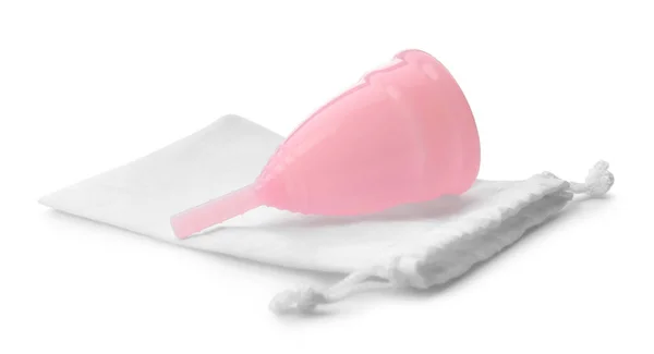 Roze Menstruatiecup Met Katoenen Zak Witte Achtergrond — Stockfoto