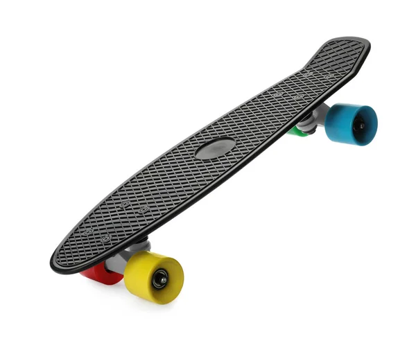 Skateboard Nero Con Ruote Colorate Isolato Bianco — Foto Stock