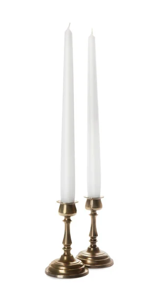 Elegant Candlesticks Candles White Background — Stock Photo, Image