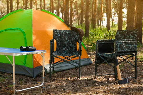 Güneşli Bir Günde Ormanda Kamp Çadırının Yanında Şapkalı Baltalı Masalı — Stok fotoğraf