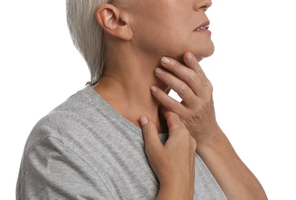 Mature Woman Doing Thyroid Self Examination White Background Closeup — Stock Photo, Image