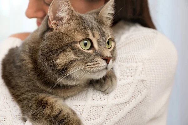 Frau Hält Ihre Katze Hause Nahaufnahme Nettes Haustier — Stockfoto