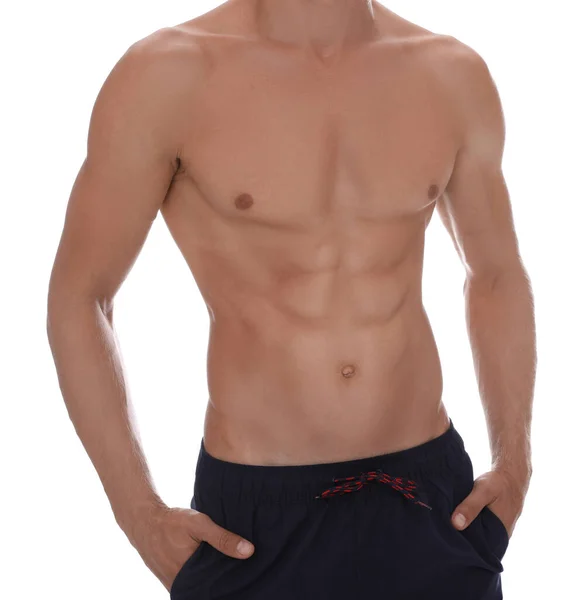 Shirtless Man Slim Body Isolated White Closeup — Stock Photo, Image