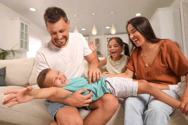 Happy Family Children Having Fun Sofa Home — Stock Photo, Image