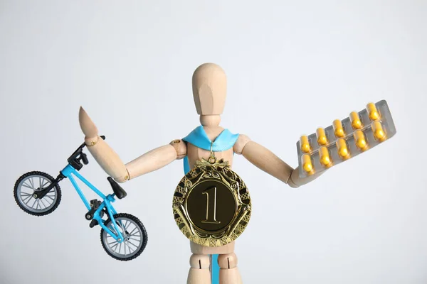 Sportsman Model Medal Bike Pills White Background Using Doping Cycling — Stock Photo, Image