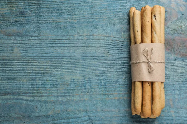 Delicious Grissini Sticks Wooden Table Top View Space Text — Stock Photo, Image