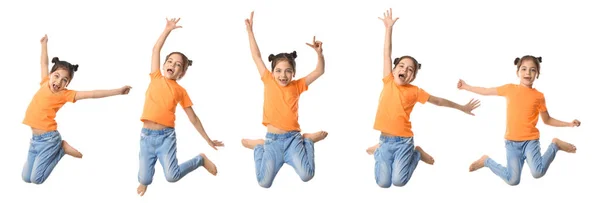 Милая Маленькая Девочка Прыгает Белом Фоне Коллаж Баннерный Дизайн — стоковое фото