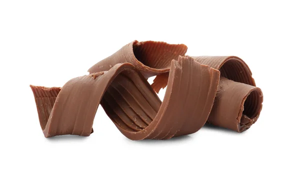 Leckere Schokoladenlocken Als Dekor Auf Weißem Hintergrund — Stockfoto