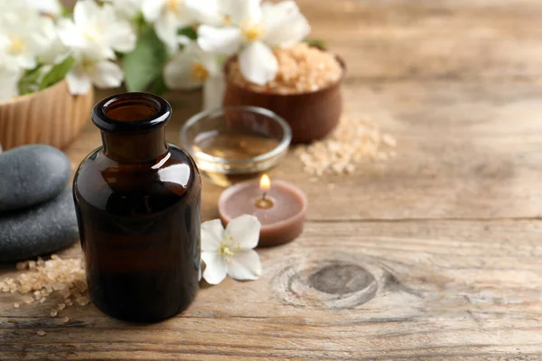 Beautiful Composition Jasmine Essential Oil Fresh Flowers Wooden Table Space — Stock Photo, Image