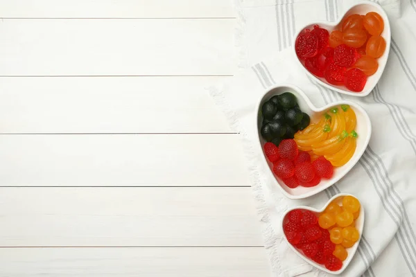 Delicious Gummy Fruit Shaped Candies White Wooden Table Flat Lay — Stock Photo, Image