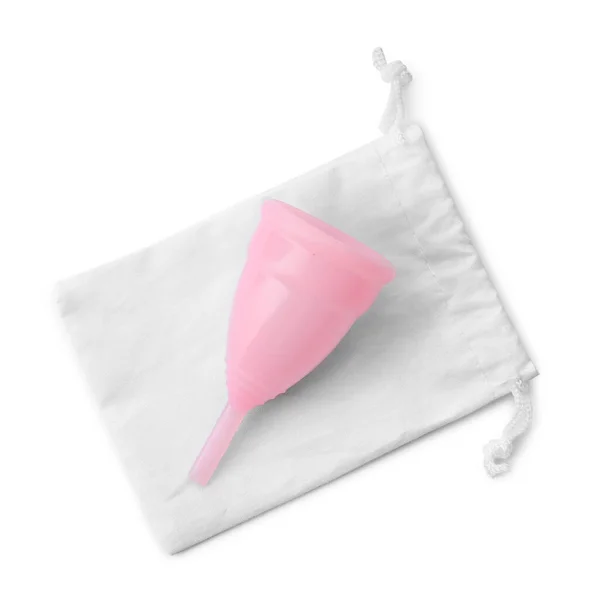 Copo Menstrual Rosa Com Saco Algodão Fundo Branco Vista Superior — Fotografia de Stock