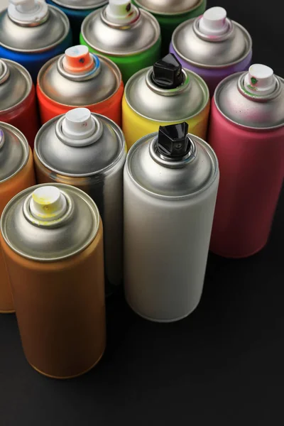 Cans Different Graffiti Spray Paints Black Background — Stock Photo, Image