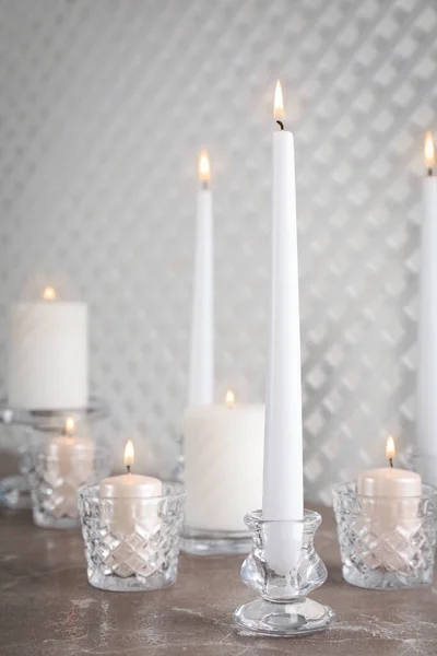 Elegant Candlesticks Burning Candles Marble Table — Stock Photo, Image