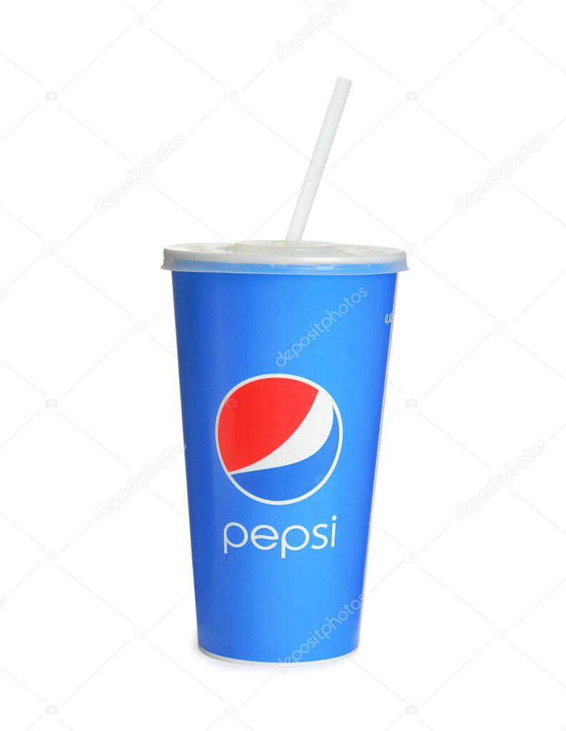 MYKOLAIV, UKRAINE - JUNE 9, 2021: Paper Pepsi cup with straw isolated on white