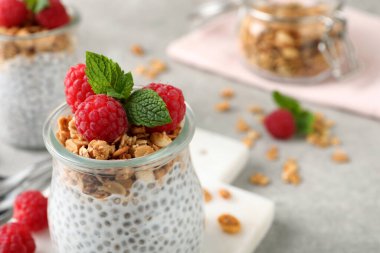 Kavanozda ahududu ve granola ile nefis chia pudingi, yakın plan. Metin için boşluk