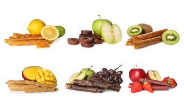 Lezzetli meyve dürümleri ve beyaz arka planda malzemelerle donatılmış. 